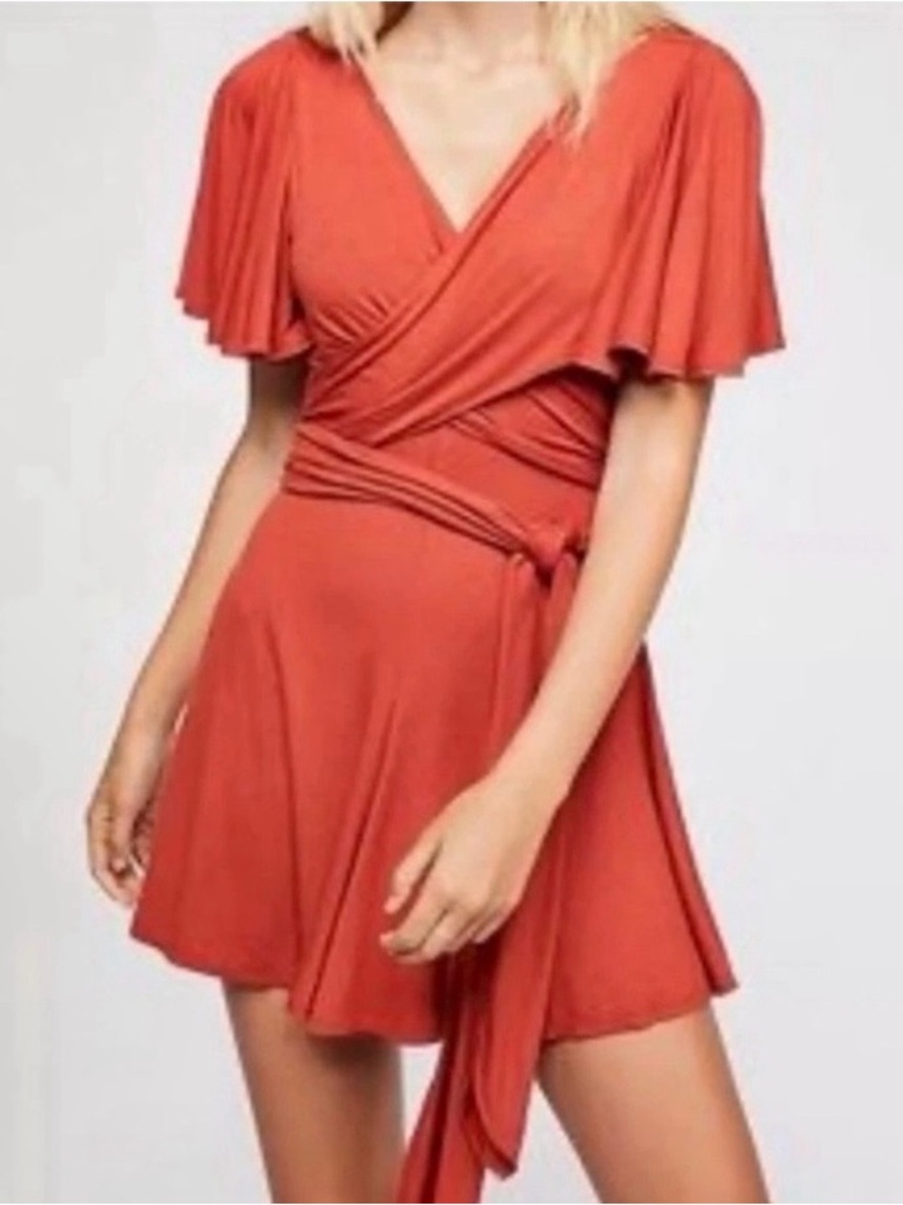 Free People Rust Wrap Romper Flutter Sleeve Long Tie Sash